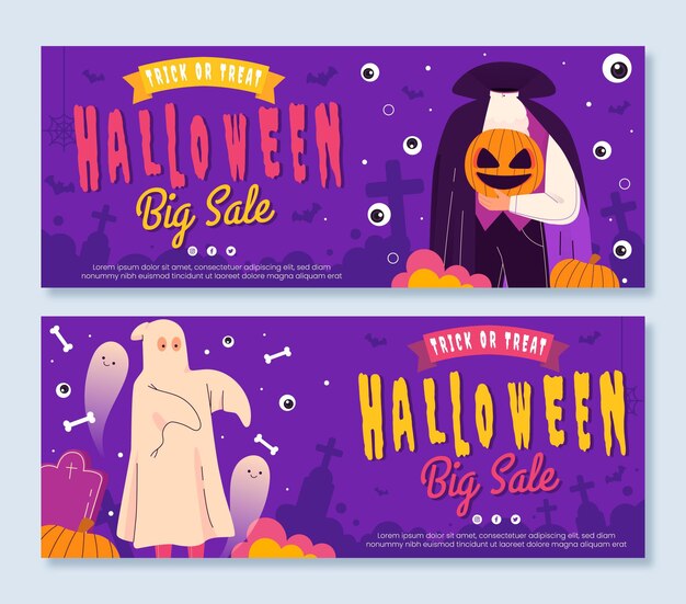 Conjunto de banners de venta horizontal de halloween plano dibujado a mano