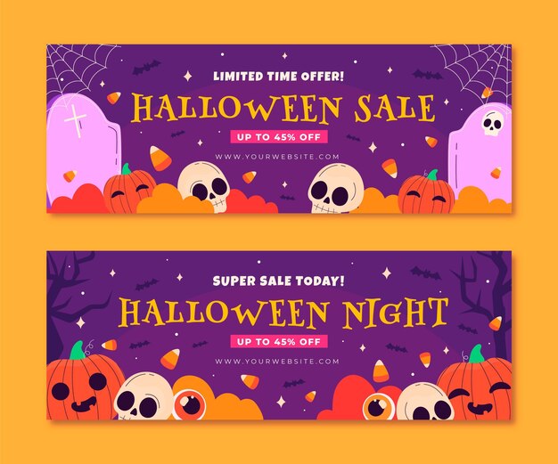 Conjunto de banners de venta horizontal de halloween plano dibujado a mano