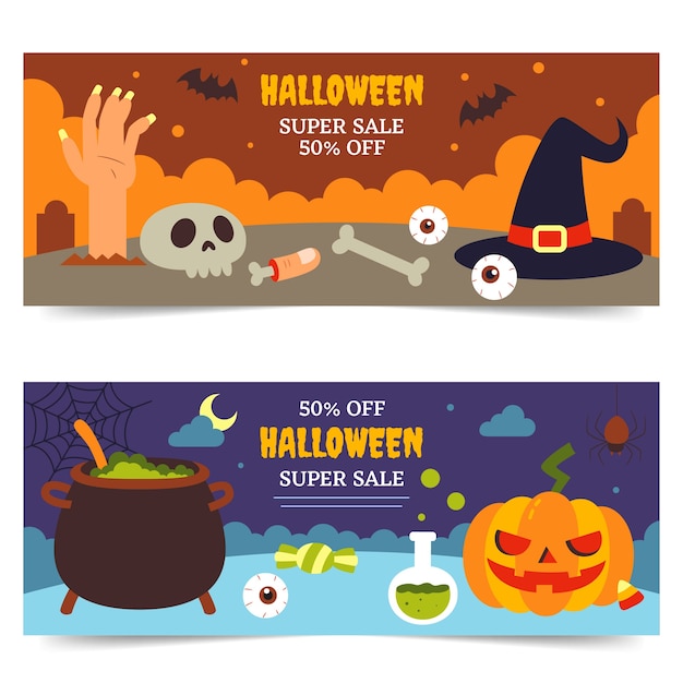 Conjunto de banners de venta horizontal de halloween plano