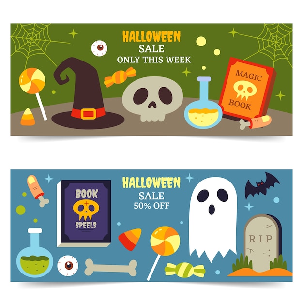 Conjunto de banners de venta horizontal de halloween plano