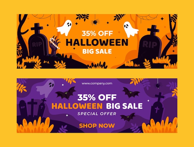 Conjunto de banners de venta horizontal de halloween plano