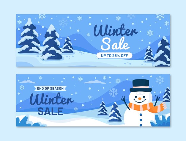 Conjunto de banners de venta horizontal de invierno plano