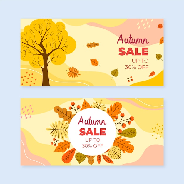 Conjunto de banners de venta horizontal otoño plano dibujado a mano