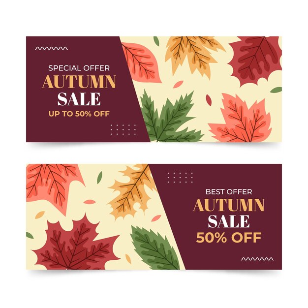 Conjunto de banners de venta horizontal otoño plano dibujado a mano