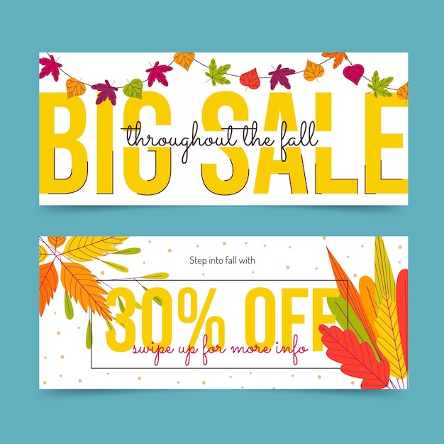 Conjunto de banners de venta horizontal otoño plano dibujado a mano