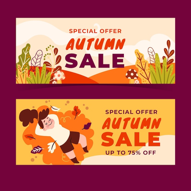Vector gratuito conjunto de banners de venta horizontal otoño plano dibujado a mano