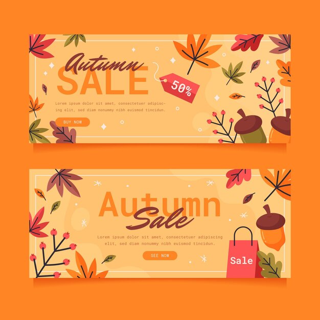 Conjunto de banners de venta horizontal otoño plano