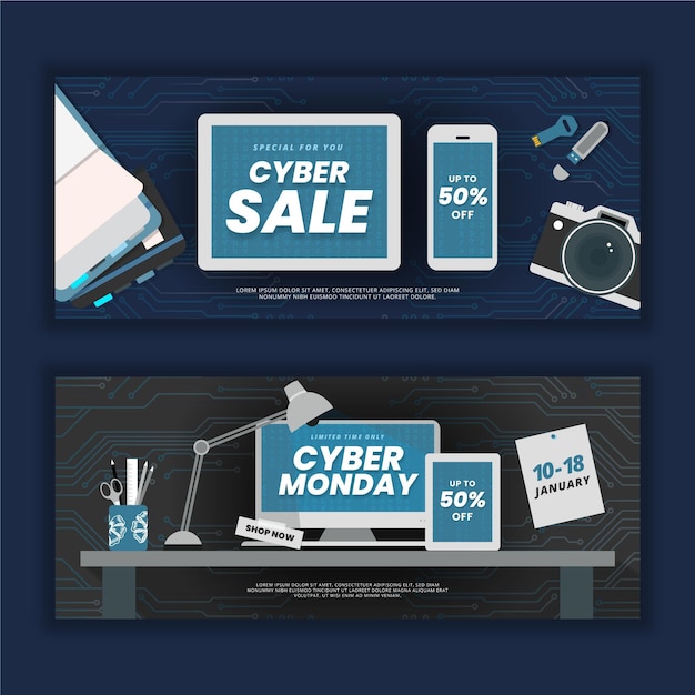 Conjunto de banners de venta horizontal plana cyber monday