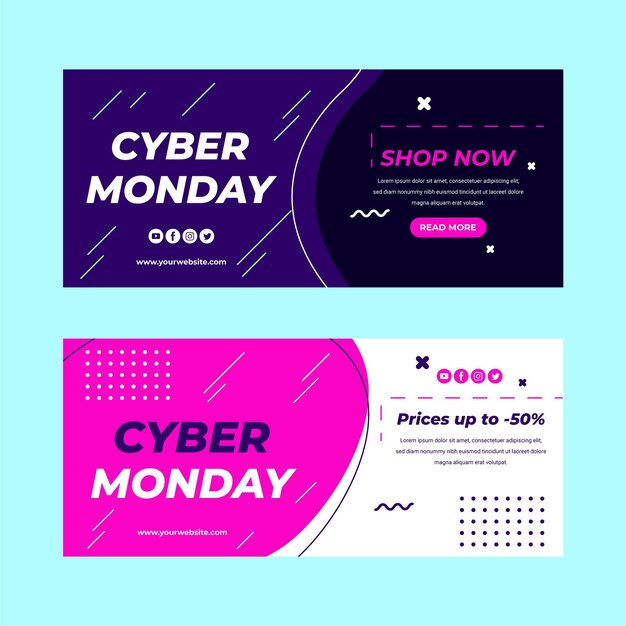Conjunto de banners de venta horizontal plana cyber monday