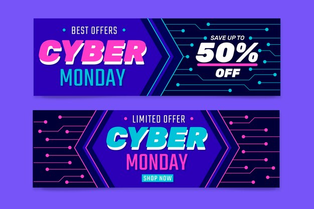 Conjunto de banners de venta horizontal plana cyber monday