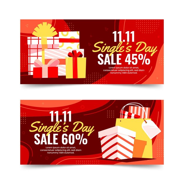 Conjunto de banners de venta horizontal plana del día del soltero.