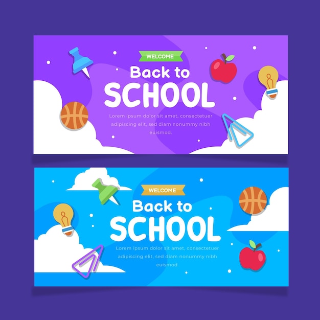 Conjunto de banners de venta horizontal de regreso a la escuela plana