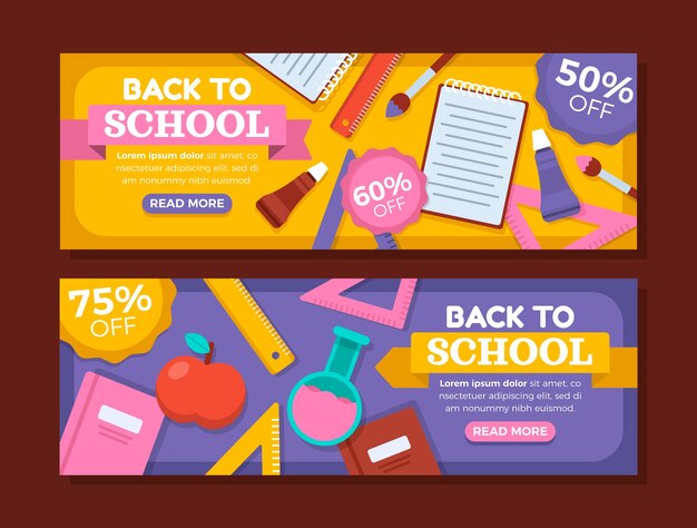 Conjunto de banners de venta horizontal de regreso a la escuela plana