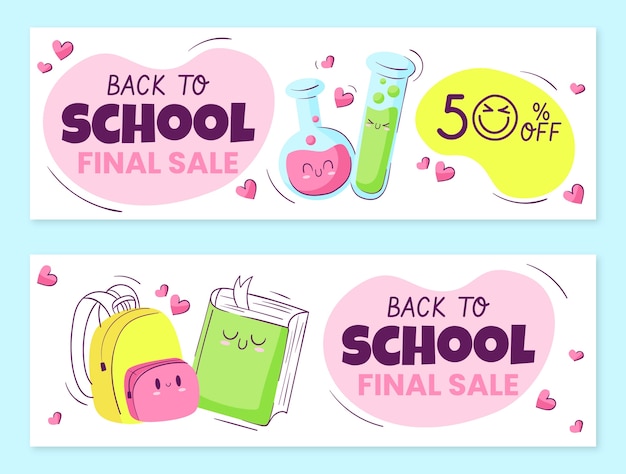 Conjunto de banners de venta horizontal de regreso a la escuela plana