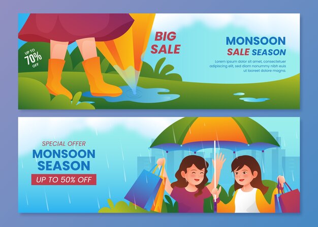 Conjunto de banners de venta horizontal de temporada de monzón degradado