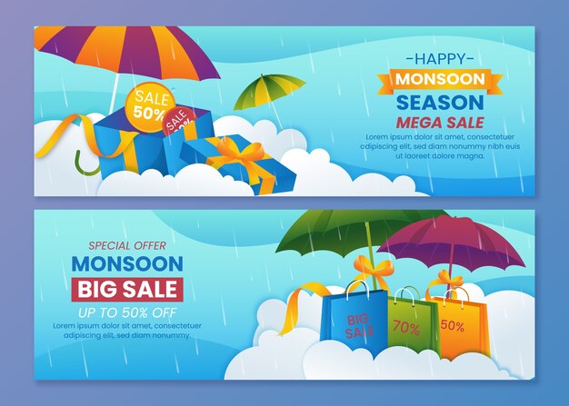 Conjunto de banners de venta horizontal de temporada de monzón degradado