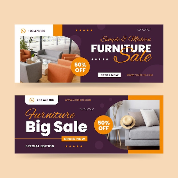 Vector gratuito conjunto de banners de venta de muebles planos.