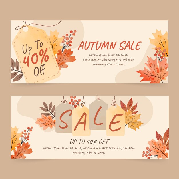 Conjunto de banners de venta de otoño horizontal acuarela