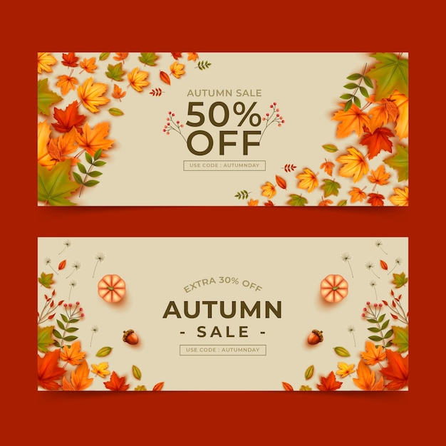 Vector gratuito conjunto de banners de venta de otoño horizontal realista