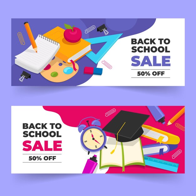 Conjunto de banners de venta plana de regreso a la escuela