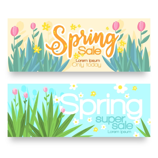 Conjunto de banners de venta primavera dibujado a mano