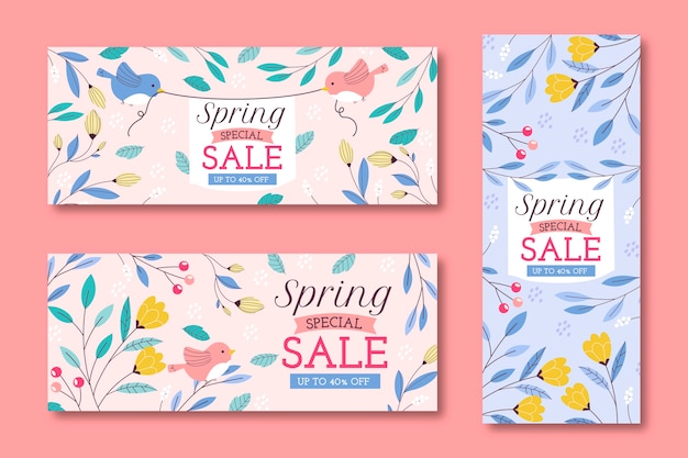 Conjunto de banners de venta de primavera plana