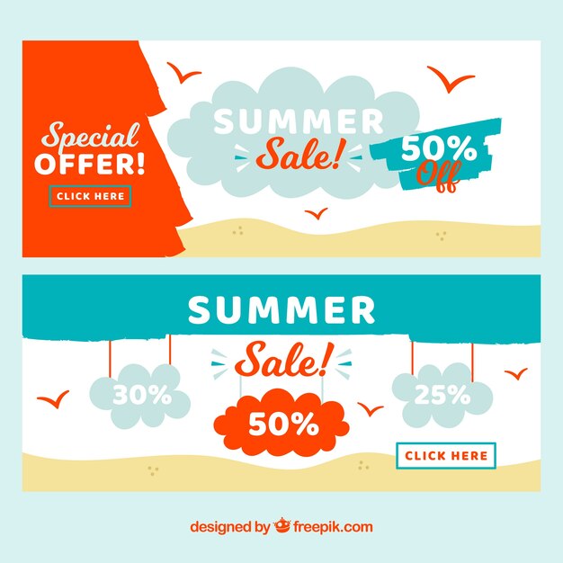 Conjunto de banners de venta de verano en estilo plano