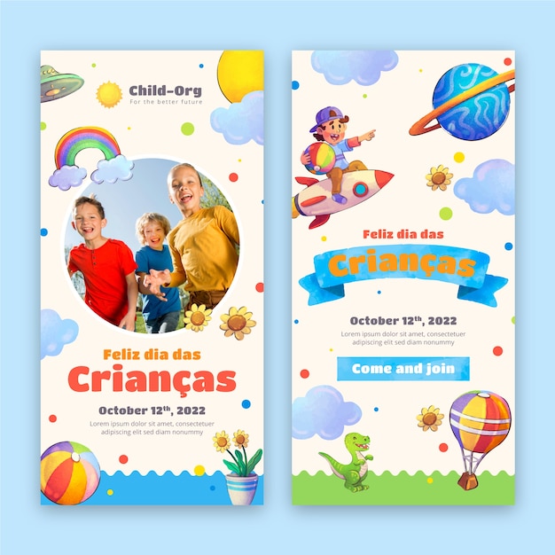 Vector gratuito conjunto de banners verticales acuarela dia das criancas