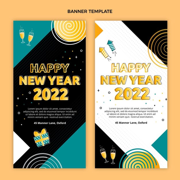Conjunto de banners verticales de año nuevo planos dibujados a mano