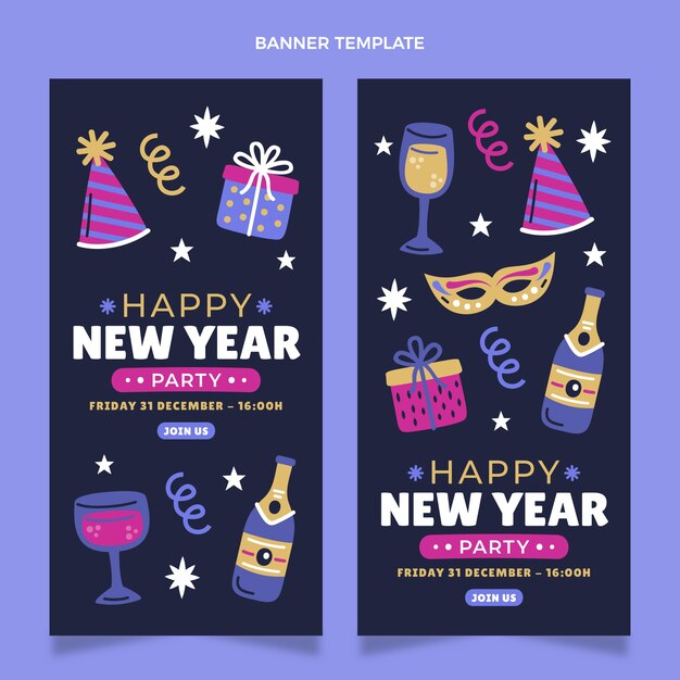 Conjunto de banners verticales de año nuevo planos dibujados a mano
