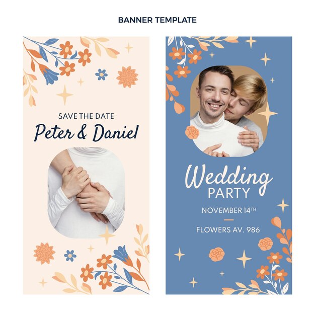 Conjunto de banners verticales de boda dibujados a mano