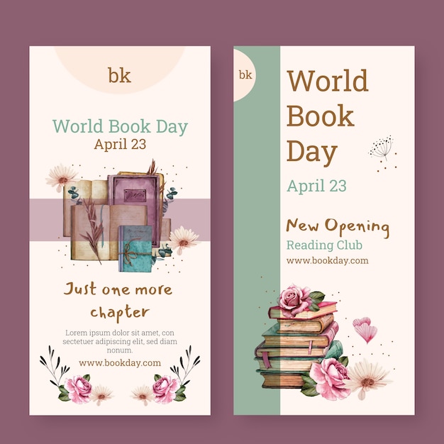 Vector gratuito conjunto de banners verticales del día mundial del libro de acuarela