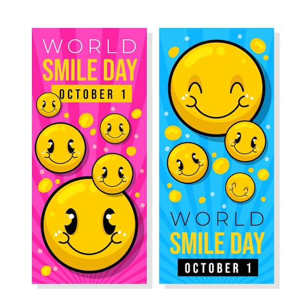 Conjunto de banners verticales del día mundial de la sonrisa dibujados a mano