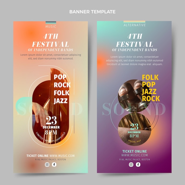 Vector gratuito conjunto de banners verticales de festival de música de textura degradada