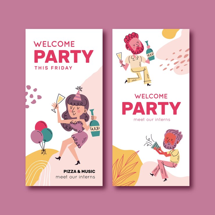 Vector gratuito conjunto de banners verticales de fiesta de bienvenida plana