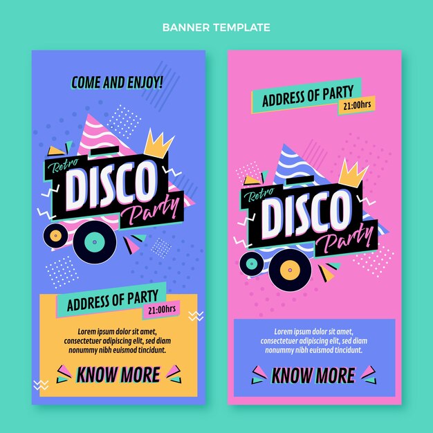 Conjunto de banners verticales de fiesta disco retro plana