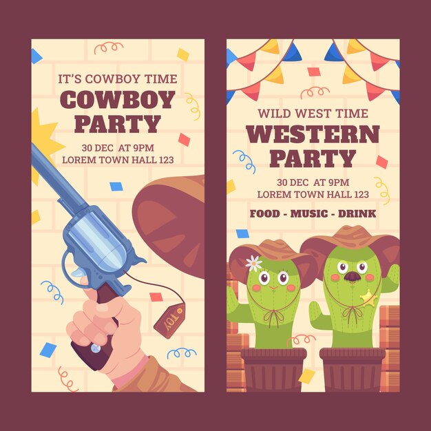 Conjunto de banners verticales de fiesta vaquera plana