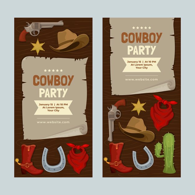 Conjunto de banners verticales de fiesta vaquera plana