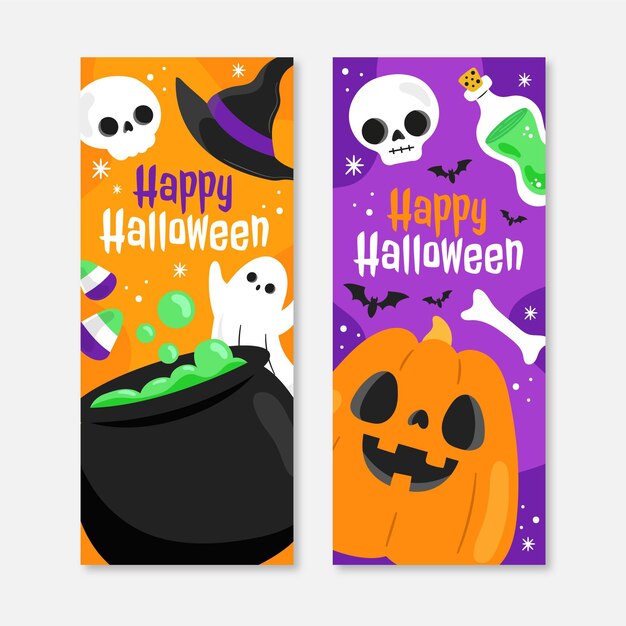 Conjunto de banners verticales de halloween planos dibujados a mano
