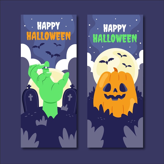 Conjunto de banners verticales de halloween planos dibujados a mano