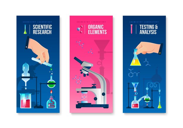 Conjunto de banners verticales de investigación científica de laboratorio.