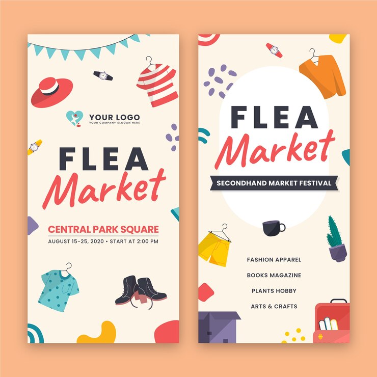 Vector gratuito conjunto de banners verticales de mercado de pulgas de segunda mano plana