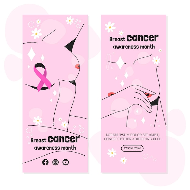 Vector gratuito conjunto de banners verticales del mes de concientización sobre el cáncer de mama dibujados a mano