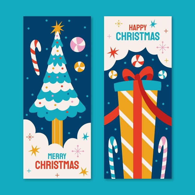 Conjunto de banners verticales navideños planos dibujados a mano