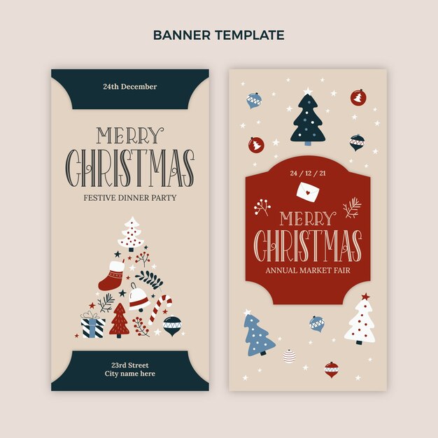 Conjunto de banners verticales navideños planos dibujados a mano