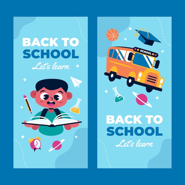 Vector gratuito conjunto de banners verticales planos de regreso a la escuela.