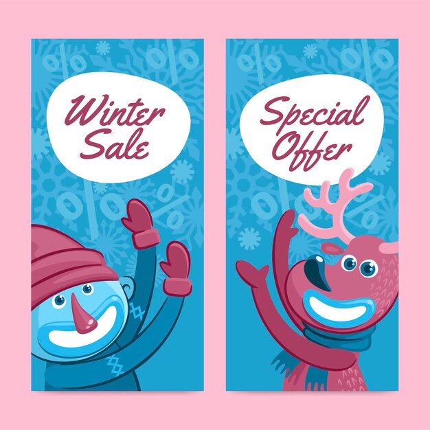 Conjunto de banners verticales de rebajas de invierno dibujados a mano