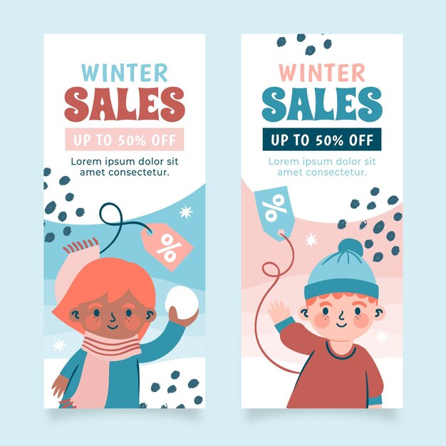 Conjunto de banners verticales de rebajas de invierno plano dibujado a mano