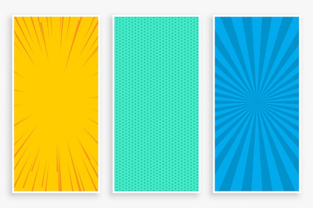 Conjunto de banners verticales de tres colores estilo cómic
