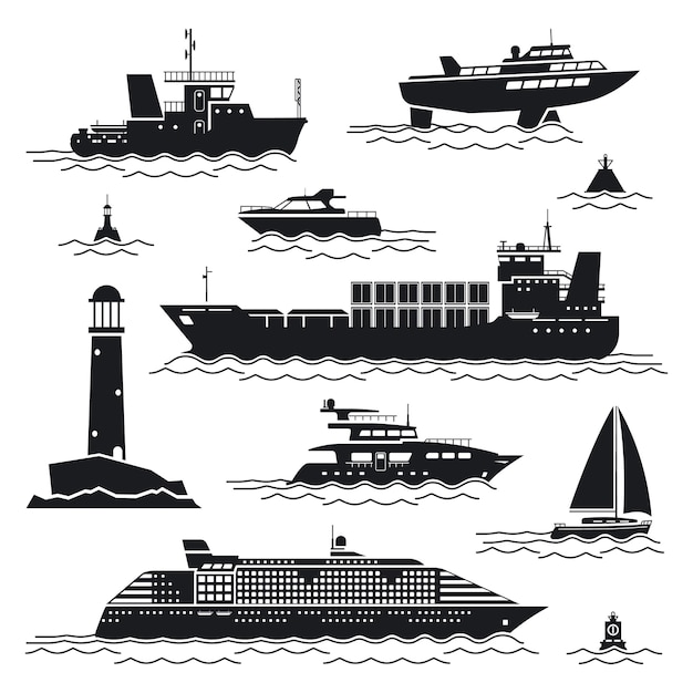 Conjunto de barco y barco. Camisa y contenedor, carguero y boya, faro y yate
